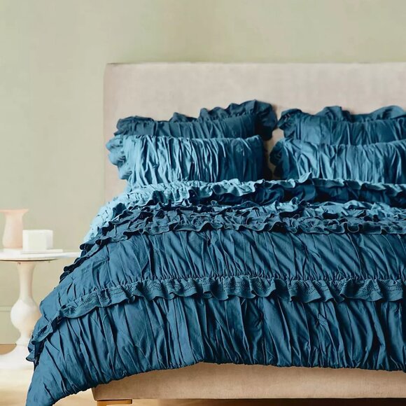 ANTHROPOLOGIE ASTRIDE COTTON RUFFLED VOILE QUILT QUEEN TEAL BLUE NWT ORIG. $298 - Picture 1 of 8